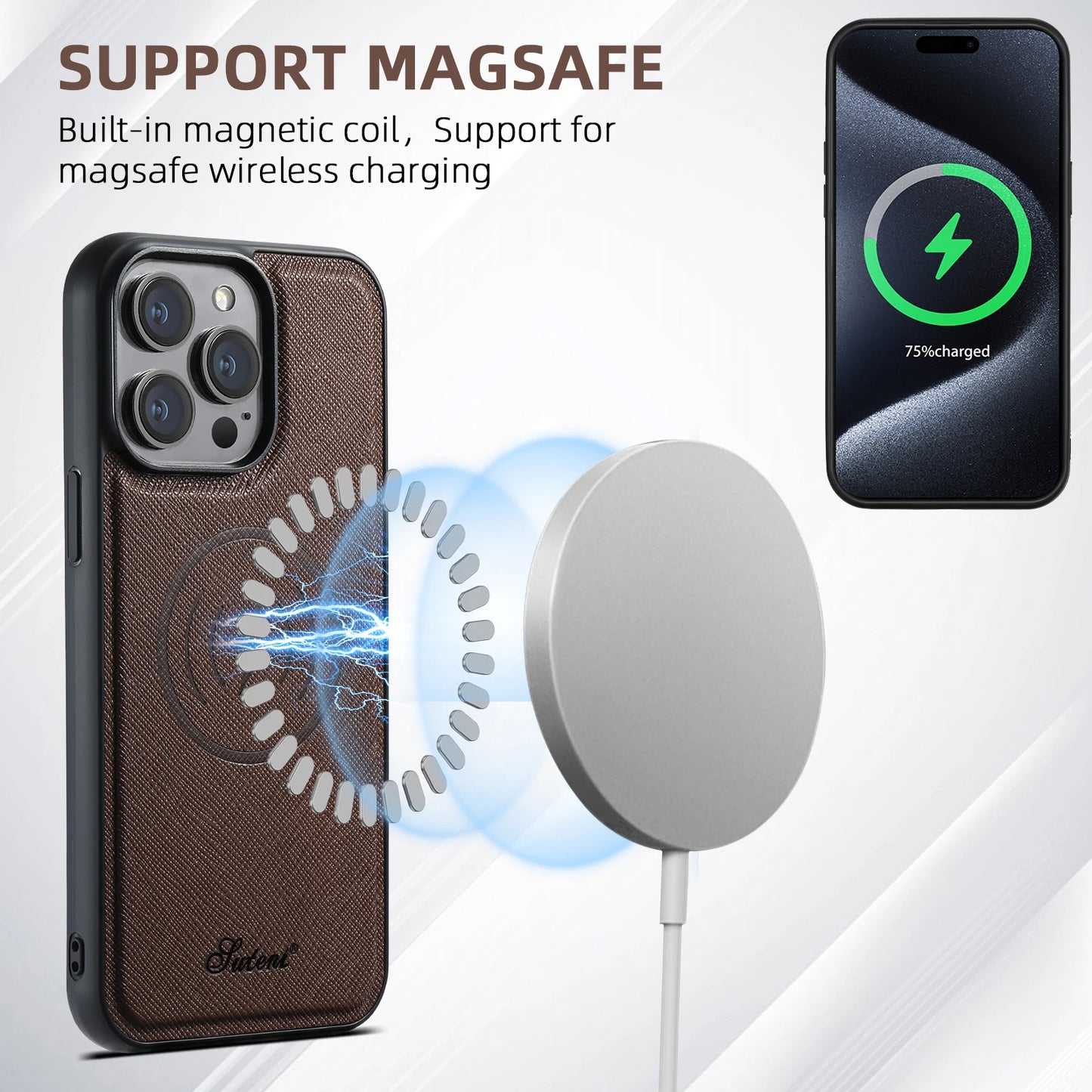 Luxury Leather Magnetic 2-in-1 Card Holder Wallet Phone Case Support Wireless Charging for iPhone 16Pro Max 15Plus 14 13 12