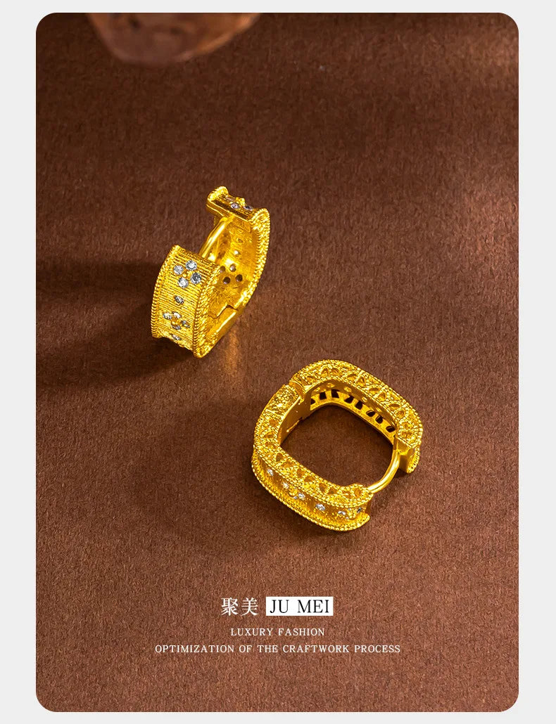 Oumei temperament 999924K gold brushed for women geometric hollow design square zircon  autumn and winter high-end earrings