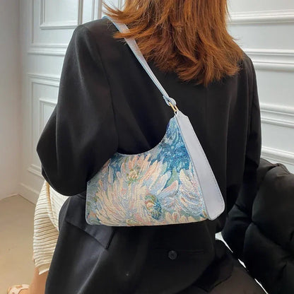 Women's Underarm Bags Autumn 2023 Trendy New Oil Painting Shoulder Bag Cute Simple Handbags and Purses Female Travel Small Totes