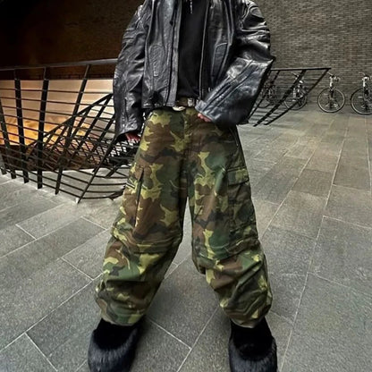 Color Match Multi-pockets Camouflage Cargo Pants for Men and Women Patchwork Baggy Overalls