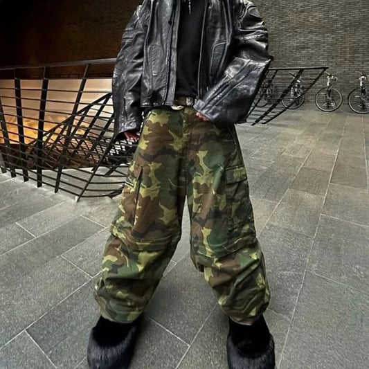Color Match Multi-pockets Camouflage Cargo Pants for Men and Women Patchwork Baggy Overalls