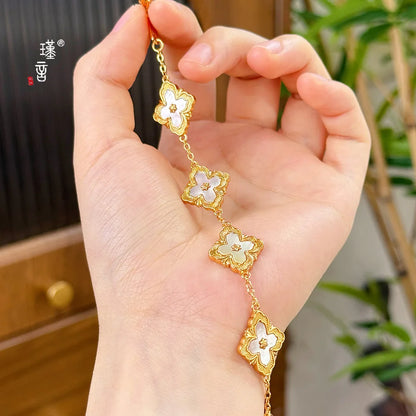 Gold Shop 24K real gold lucky grass bracelet ins niche design high-end au999 real gold bracelet new shell hand jewelry