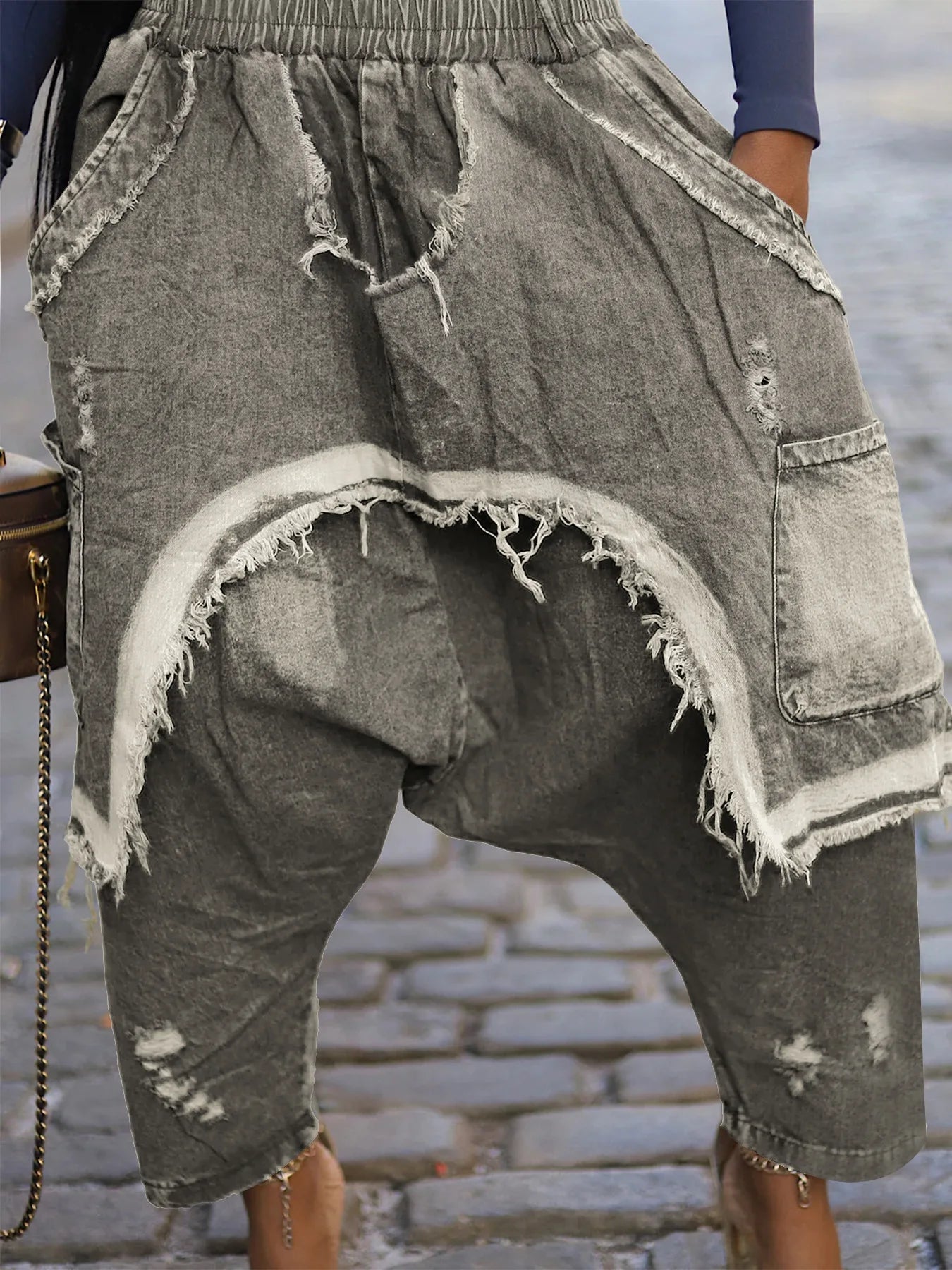 Women Streetwear Ripped Out Hole Denim Pants Loose Safari Style Cargo Harem