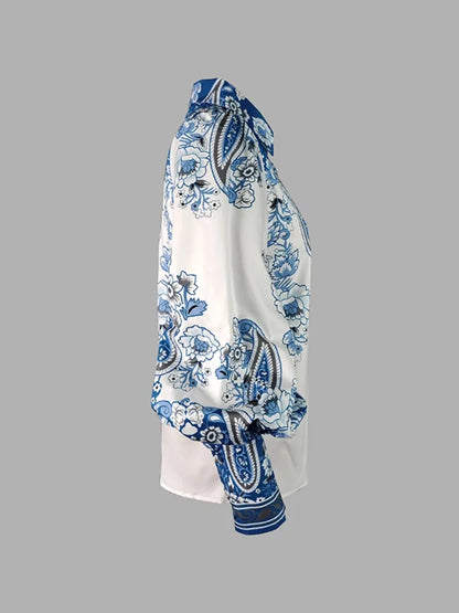 Blue Floral Printed Lapel Shirts For Women Long Puff Sleeves Urban Casual Elegant Blouse