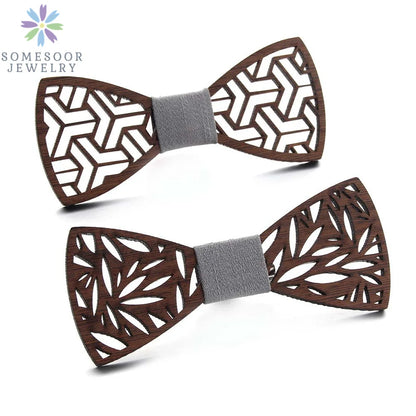 Dark Leaf Hollow Floral Wooden Bowtie For Men Wedding Suit Geometric Carved Wood Neck Ties Unisex