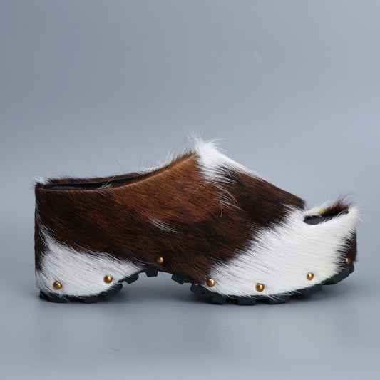 Designer Luxury Platform Mules Real Calf Hair Leather Lined Slip On Clogs