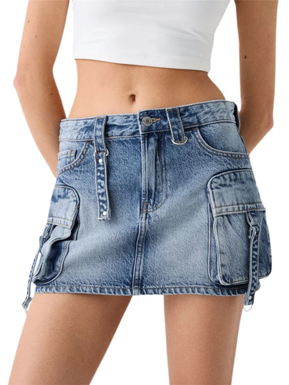 Women s High Waisted Denim Cargo Skirts with Side Pockets and Belt Loops Stylish A-line Mini Skirts for Casual Streetwear