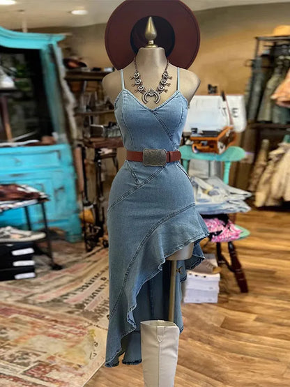 Strap Denim Women's Dress Vintage Asymmetric Hem Cinching irregular Dress Female Summer New  Lady High Street Outwear Distressed