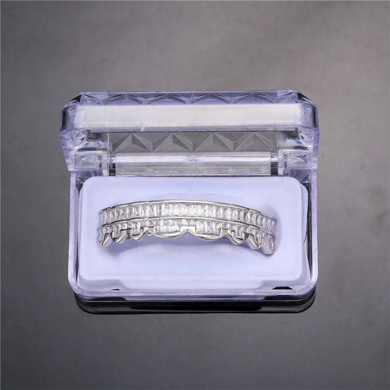 Baguette Teeth Grillz Set For Unisex Top Bottom Iced Out Cubic Zircon Stone Brass Material Hip Hop