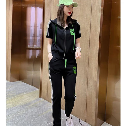 Women's Fashion Tracksuit Casual Suit Short Sleeve Hooded Top Pants Two Piece Set For Women
