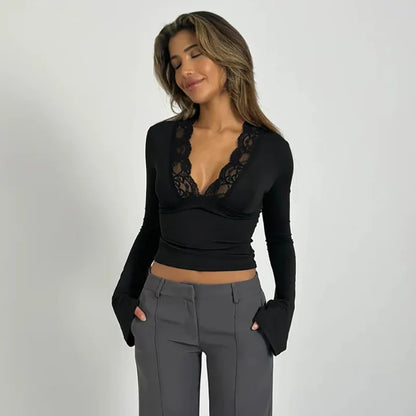 Lace Patchwork Tee Women Flare Sleeve Slim V-neck Tank Top Lady Streetwear Crop Top Shirt