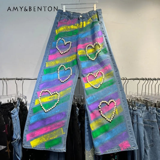 Painted Trousers Heavy Industry Love Beads Retro Nostalgic Fashion Skinny Denim Pants Blue / XXL Blue / XL Black / M Blue / XXL-Blue / XL-Black / M-Blue / XXXL-Black / XL-Black / L-Black / XXXL-Black / XXL-Blue / L-Blue / M-