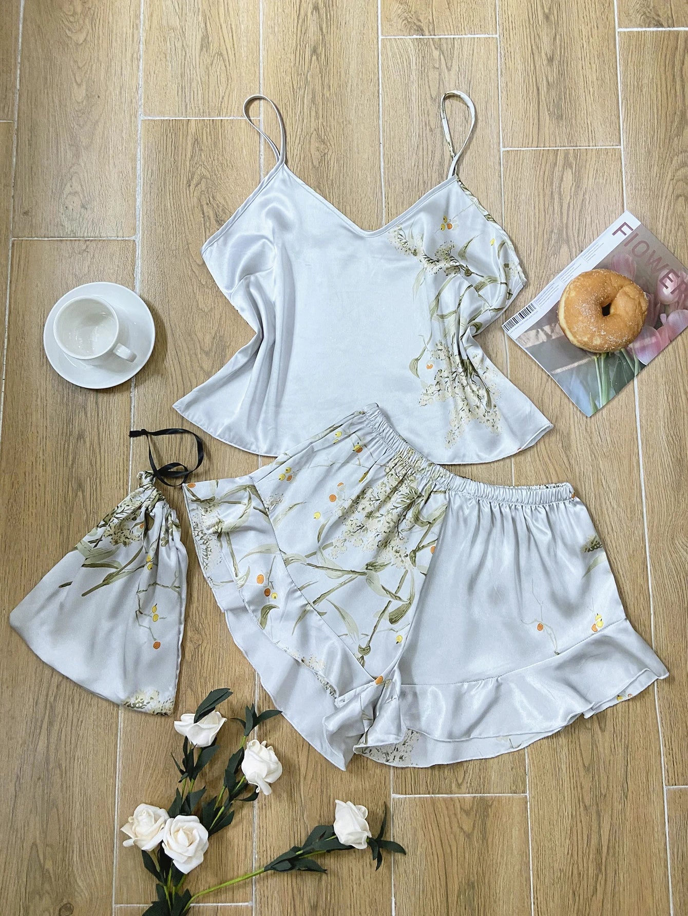 Elegant Floral Print Cami Tops   Ruffle Hem Shorts Pajama Set  Women's Sleepwear