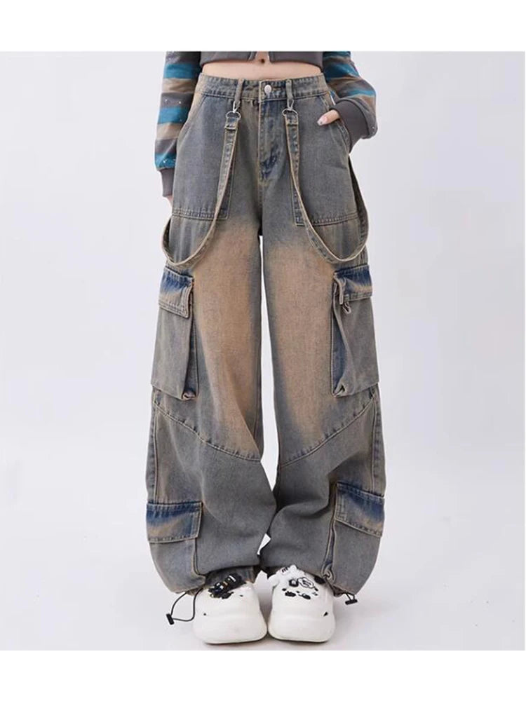 Women Blue Oversize Cargo Jeans Harajuku Vintage Baggy Y2k Denim Trouser 90s Aesthetic Wide Jean Pants 2000s Trashy Clothes 2024