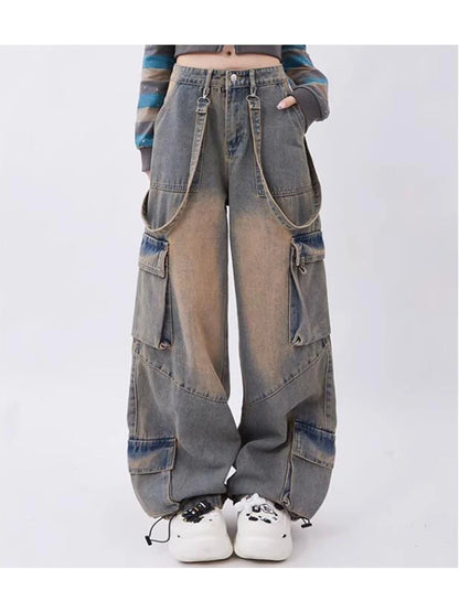 Women Blue Oversize Cargo Jeans Harajuku Vintage Baggy Y2k Denim Trouser 90s Aesthetic Wide Jean Pants 2000s Trashy Clothes 2024