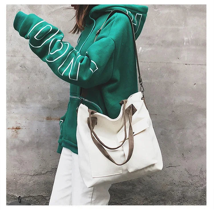 Fashion Canvas Bags Students Handbag Shoulder Bag Large Capacity Solid Color Totes Shopper Bag Casual Female CrossBody 2024