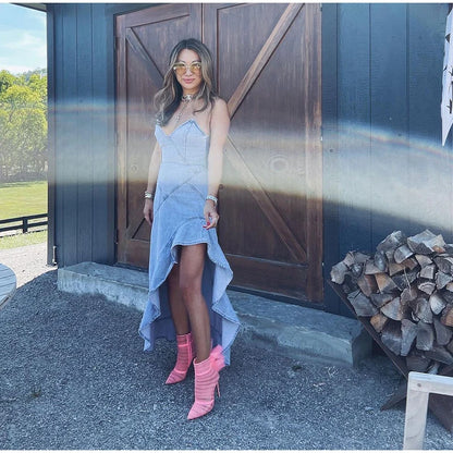 Strap Denim Women's Dress Vintage Asymmetric Hem Cinching irregular Dress Female Summer New  Lady High Street Outwear Distressed