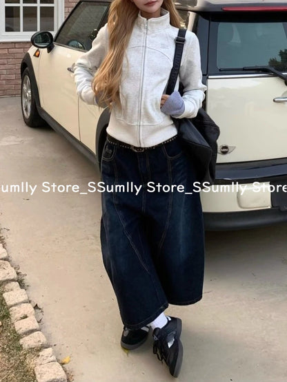 Embroidery Stitched Jeans Women Summer Loose Retro High Waisted Pants Y2k Design Wide Leg Cropped Shorts