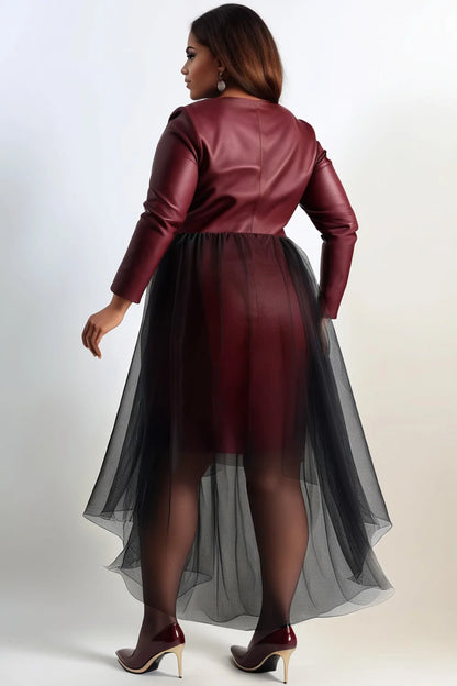 Burgundy Wrap Neck Long Sleeve Asymmetric Hem PU Leather Midi Dress