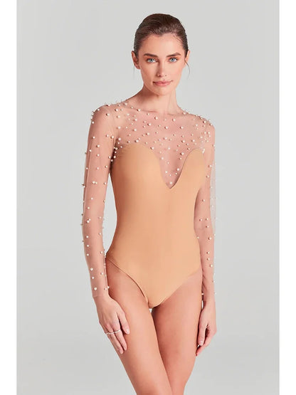 Mesh Pearl Beaded Bodysuits+Strapless Jumpsuit Two piece Sets Women White Jumpsuit Suits Evening