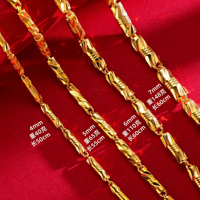 24K gold cylindrical double bamboo necklace 9999 real gold men's and women's solid color bamboo knot gold jewelry necklace gift