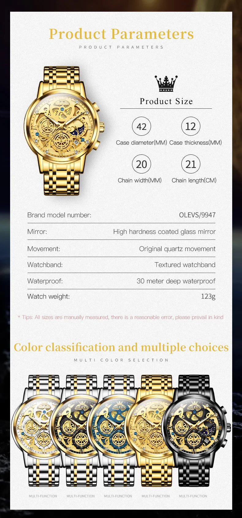 Top Brand Luxury Original Waterproof Quartz Watch for Man Gold Skeleton Style 24 Hour Day Night New