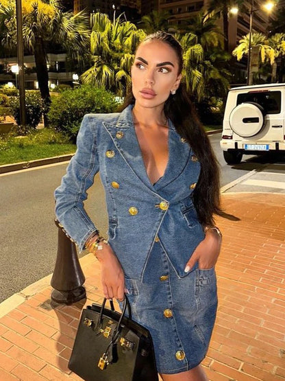 Women'S Double Breasted Slim Fit Denim Blazer Long Sleeve Jean Jacket High Waisted Pencil Mini Skirt Set