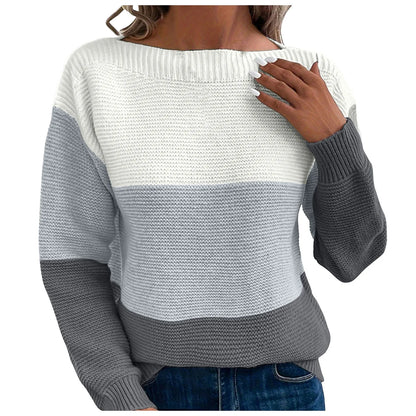 Dressy Sweater For Women Patchwork Color Block Long Sleeve Bateau Neck Elegant Pullover