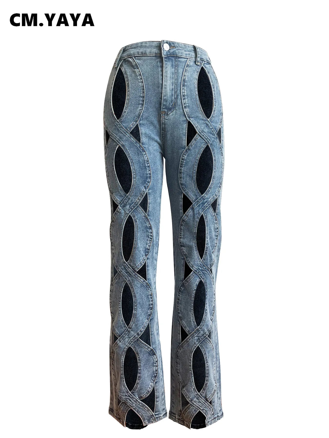 Vintage Cutout Hollow Out Criss Cross Straight Denim Pants High Waist Wide Leg Jeans Trousers