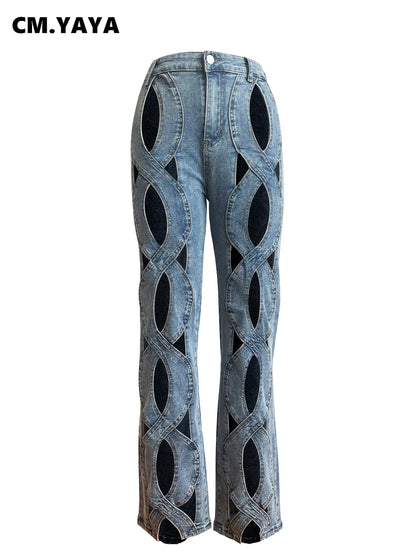 Vintage Cutout Hollow Out Criss Cross Straight Denim Pants High Waist Wide Leg Jeans Trousers