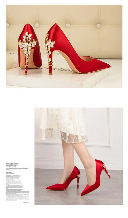 Women's Metal Flowers Stiletto High-heel Shoes Female  Light Luxury Wedding Shoes Pointed Toe