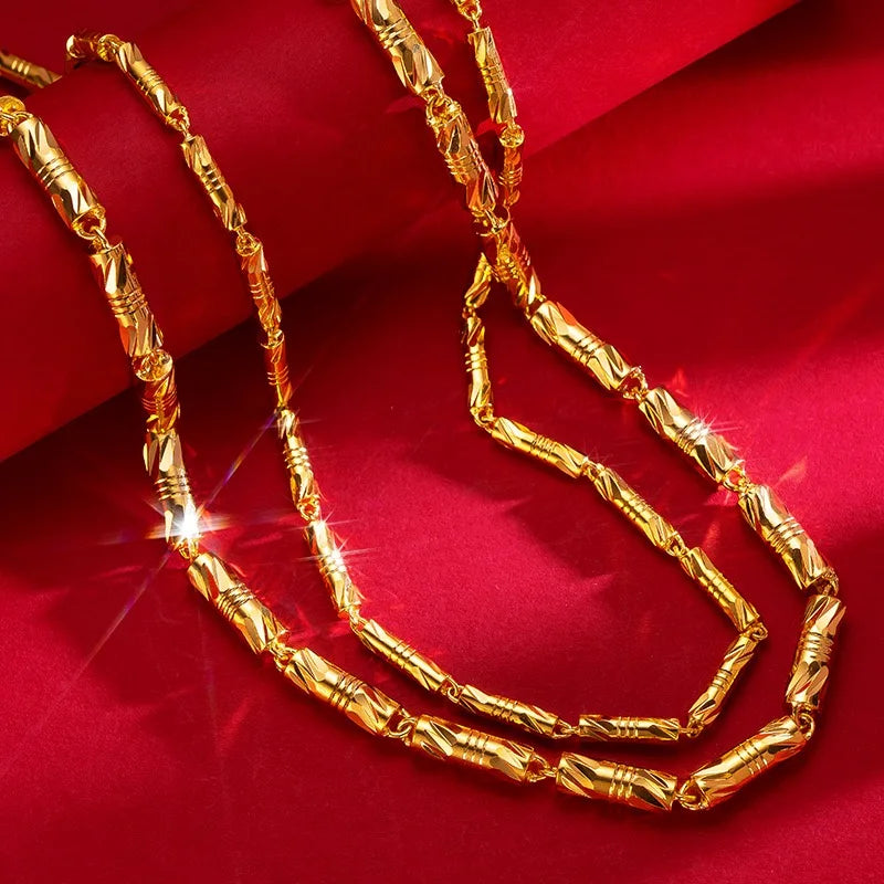24K gold cylindrical double bamboo necklace 9999 real gold men's and women's solid color bamboo knot gold jewelry necklace gift