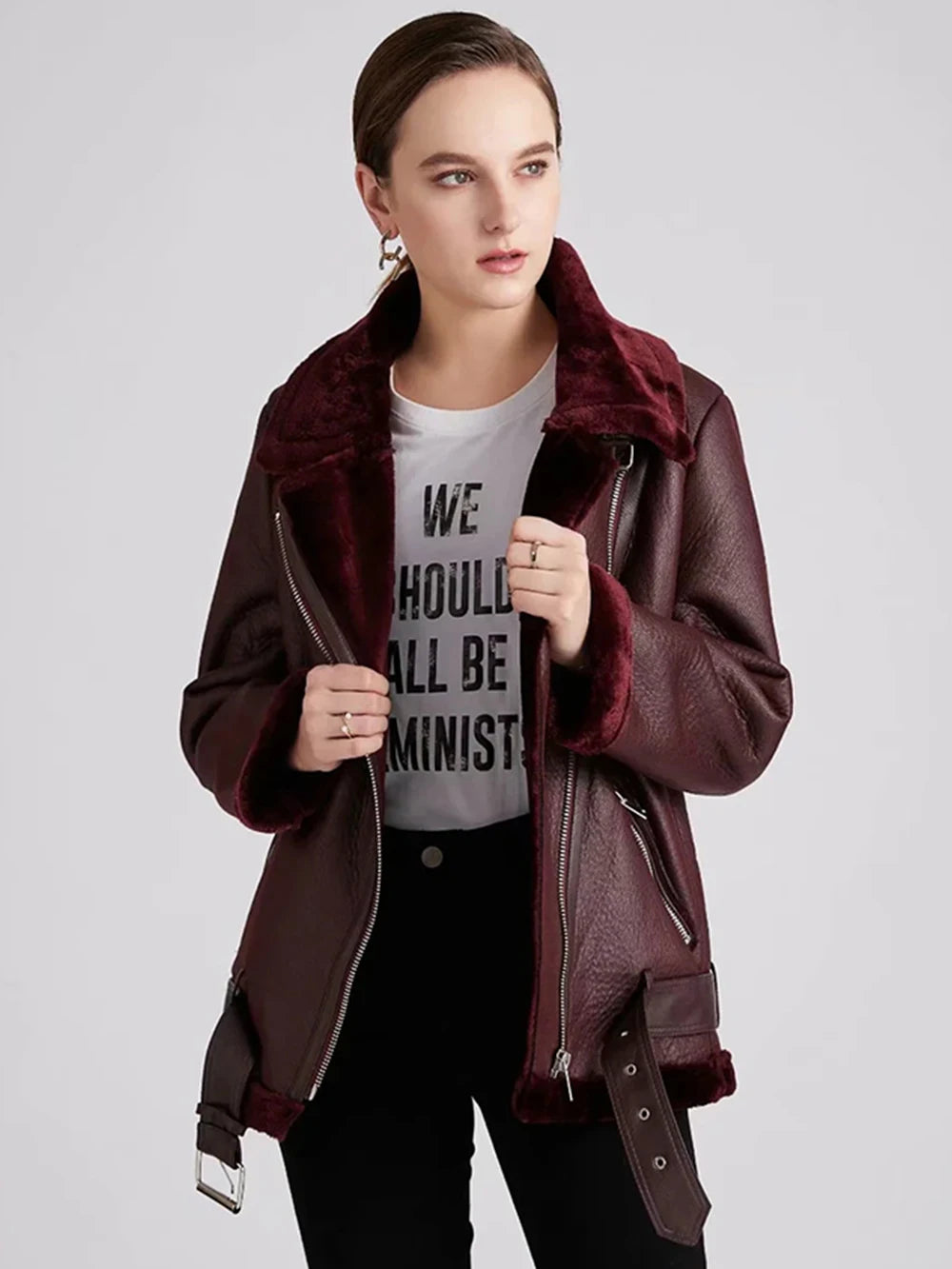Thick and warm faux leather jacket Coat women's beige long-sleeved belt jacket women 2025 winter fashion new streetwear Tops