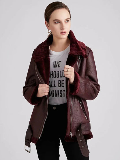 Thick and warm faux leather jacket Coat women's beige long-sleeved belt jacket women 2025 winter fashion new streetwear Tops