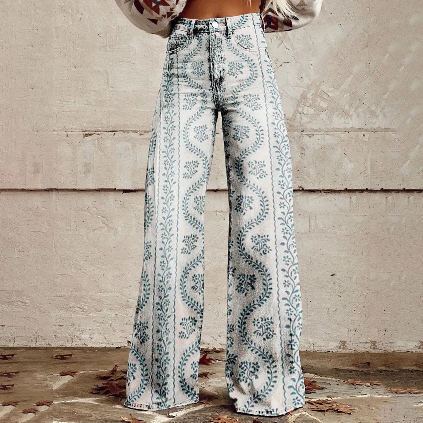 Womens Wide Leg Jeans High Waisted Casual Denim Floral Printed Trousers Women Jean Baggy