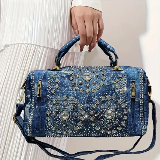 Gemstone inlaid elegant handbag, Boston bag, personalized street style