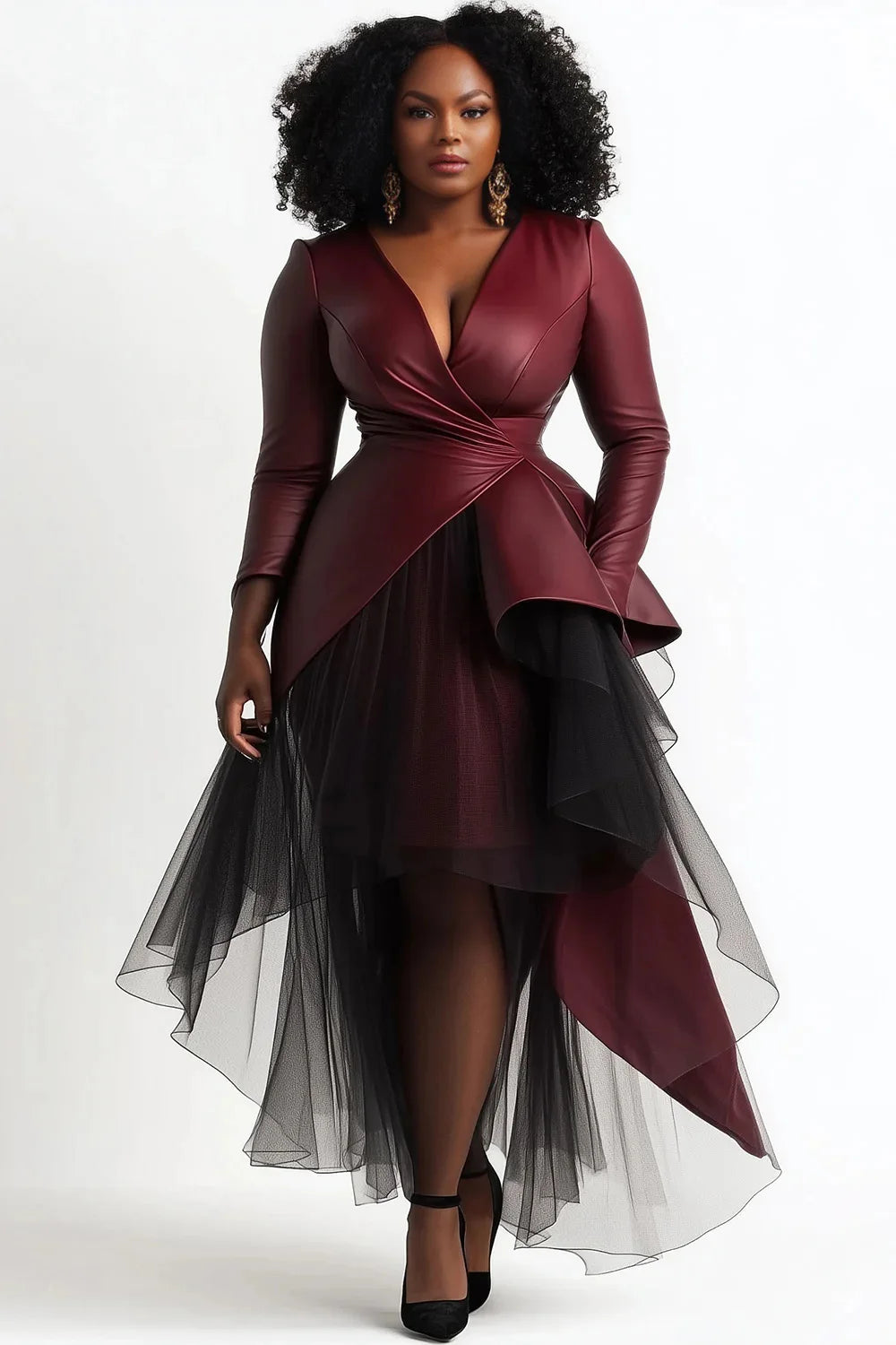 Burgundy Wrap Neck Long Sleeve Asymmetric Hem PU Leather Midi Dress