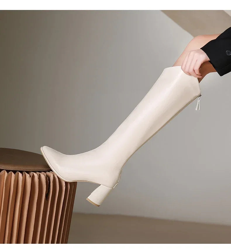 Zipper Thick High Heels Simple Thick High Heels Autumn Winter Boots Knee High