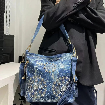 Gradient Diamond Elegant Shoulder Bag Large Capacity Diamond Denim Handbag