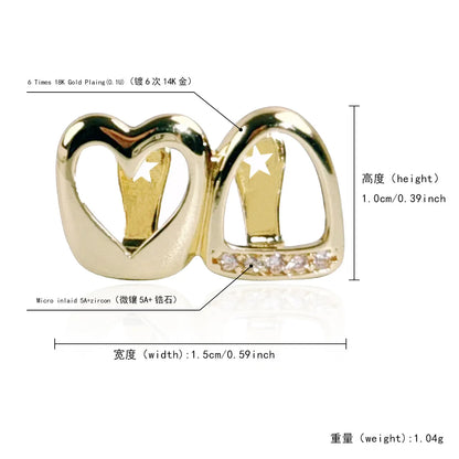 CZ Stone Double Hollow Heart Teeth Grillz Braces Vintage Punk Zircon Tooth Caps
