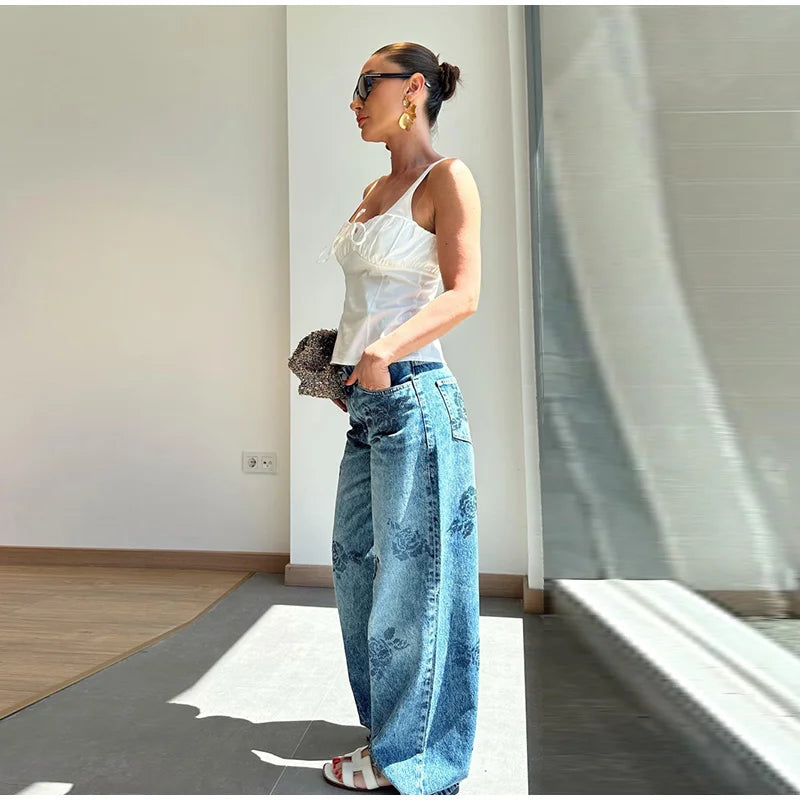 Floral-Shaped Diamond Light Blue Women Flared Denim Jeans High Waist Baggy Dragging Pants Vintage