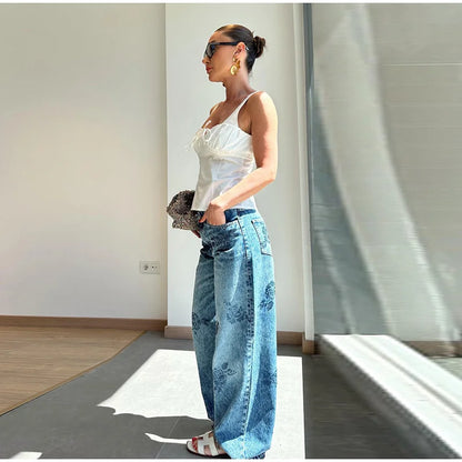 Floral-Shaped Diamond Light Blue Women Flared Denim Jeans High Waist Baggy Dragging Pants Vintage