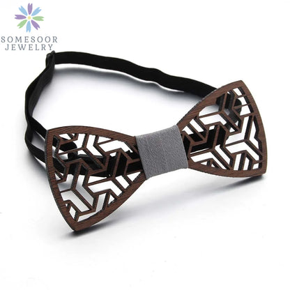 Dark Leaf Hollow Floral Wooden Bowtie For Men Wedding Suit Geometric Carved Wood Neck Ties Unisex