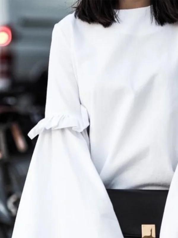Women's Spring New Solid Color T-shirt Round Neck Split-joint Flared Sleeves Loose Fit Shirt Top
