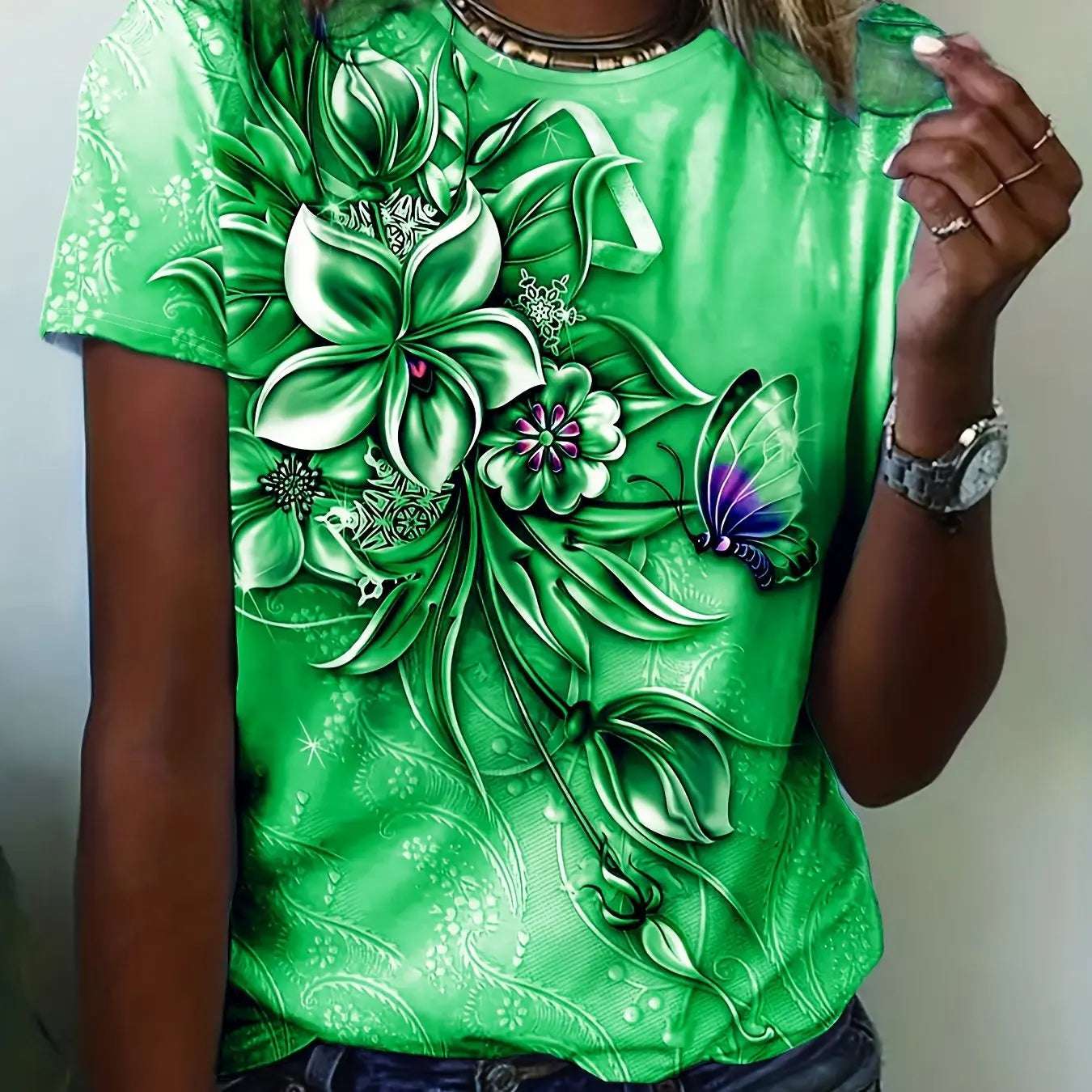 Flower Butterfly Printed Women's T-Shirt Summer NEW Oversize Short Sleeve Tee