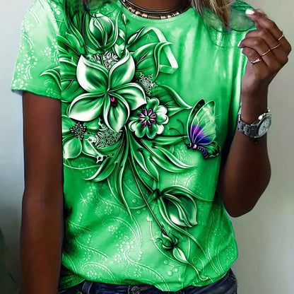Flower Butterfly Printed Women's T-Shirt Summer NEW Oversize Short Sleeve Tee