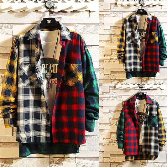 Men Thick Shirt Color Block Flannel Plaid Shirt Long Sleeve