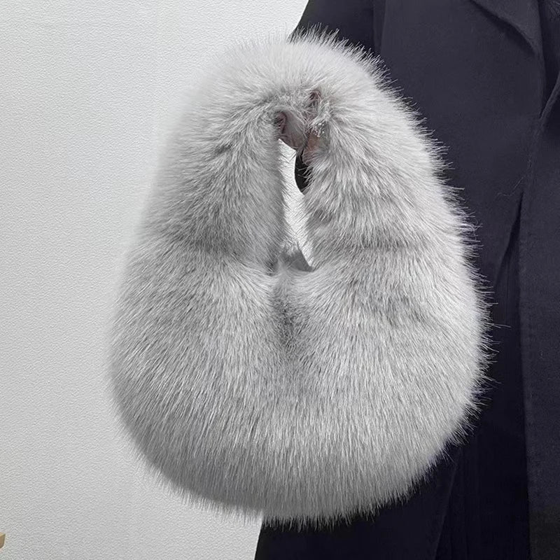 Soft Plush Half Moon Bags for Women Designer Fluffy Faux Fur Lady Handbags Luxury Small Tote