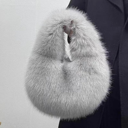 Soft Plush Half Moon Bags for Women Designer Fluffy Faux Fur Lady Handbags Luxury Small Tote