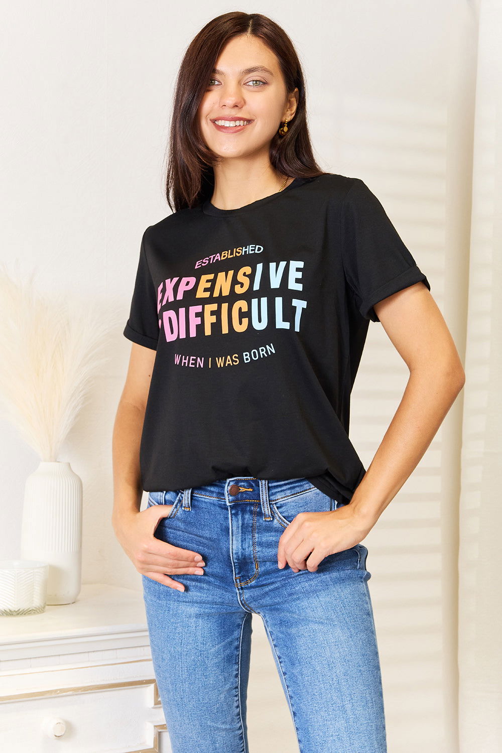 Simply Love Slogan Graphic Cuffed Sleeve T-Shirt - Fashionqueene.com-Simply Love Slogan Graphic Cuffed Sleeve T-Shirt